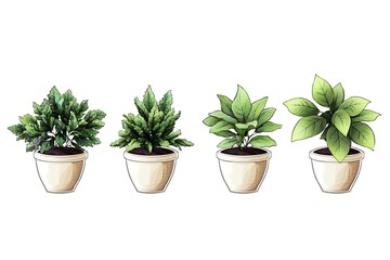 Hand-Drawn Potted Green Plants Illustration in White Ceramic Pots on White Background