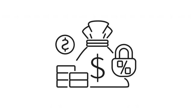 Fixed deposit line animation. Fixed deposit icon bag of money coins and percentage lock symbolize secure high yield financial investments, ideal for banking and investment concepts.