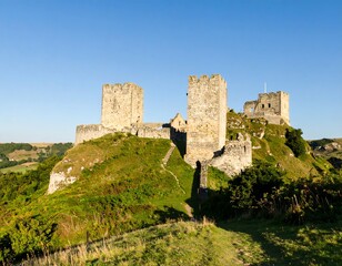 Fototapeta premium Medieval castle ruins atop a grassy hill under a clear sky