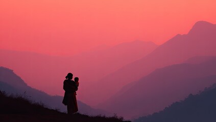 Silhouetted mother and child at sunset over mountains