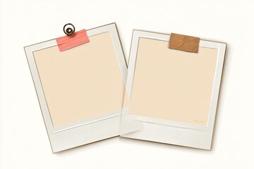 Two blank instant photo frames, light beige background, taped edges,  vintage style