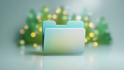 3D folder icon, teal-white gradient, soft lighting, bokeh background of greenery