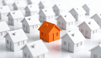 a Unique orange house among white homes urban landscape real estate model minimalist