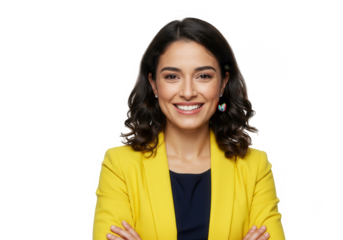 Smiling woman in yellow blazer with arms crossed isolated on transparent background