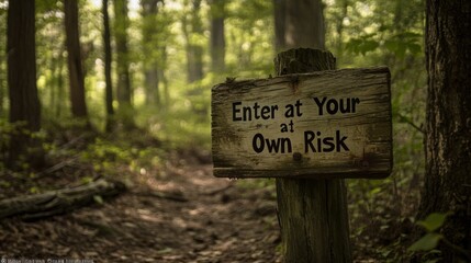 Weathered Wooden Sign Reading "Enter at Your Own Risk" in Forest Trail
