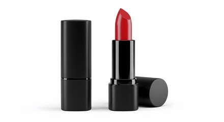 Red Lipstick in Tube with Black Packaging Isolated on White Background