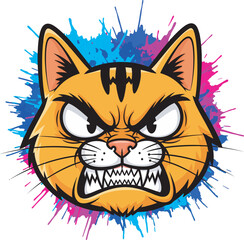 Angry orange tabby cat cartoon head, vibrant paint splatter background.