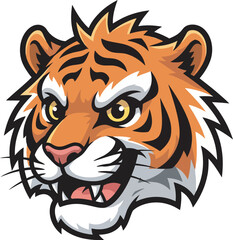 Obraz premium A fierce, cartoon tiger head, orange and black stripes, intense gaze, sharp teeth.