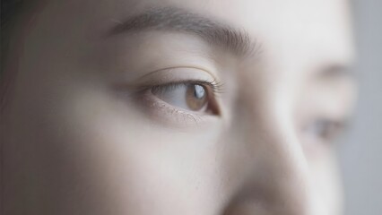 Close-up of a person's eye, focusing on the iris and eyelashes with soft lighting.