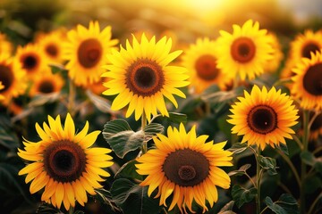 Fototapeta premium Sunflowers bloom in a vibrant field during golden hour, showcasing nature's beauty and tranquility