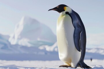Fototapeta premium Emperor penguin stands majestically on icy landscape under clear sky in Antarctica during daylight hours