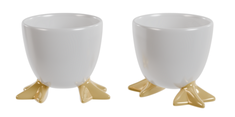 white chicken footed egg cup with yellow feet on a transparent background.