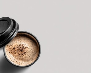 Overhead view of black disposable coffee cup with lid