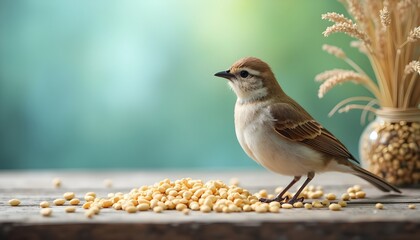 A small bird sitting on a wooden surface surrounded by scattered grains and a vase with dry grass in the background