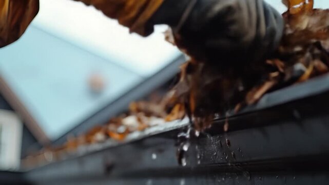 Autumn gutter cleaning with closeup.
