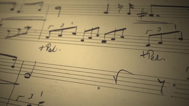 Sheet music background. Dynamic animation flying over written musical notation.