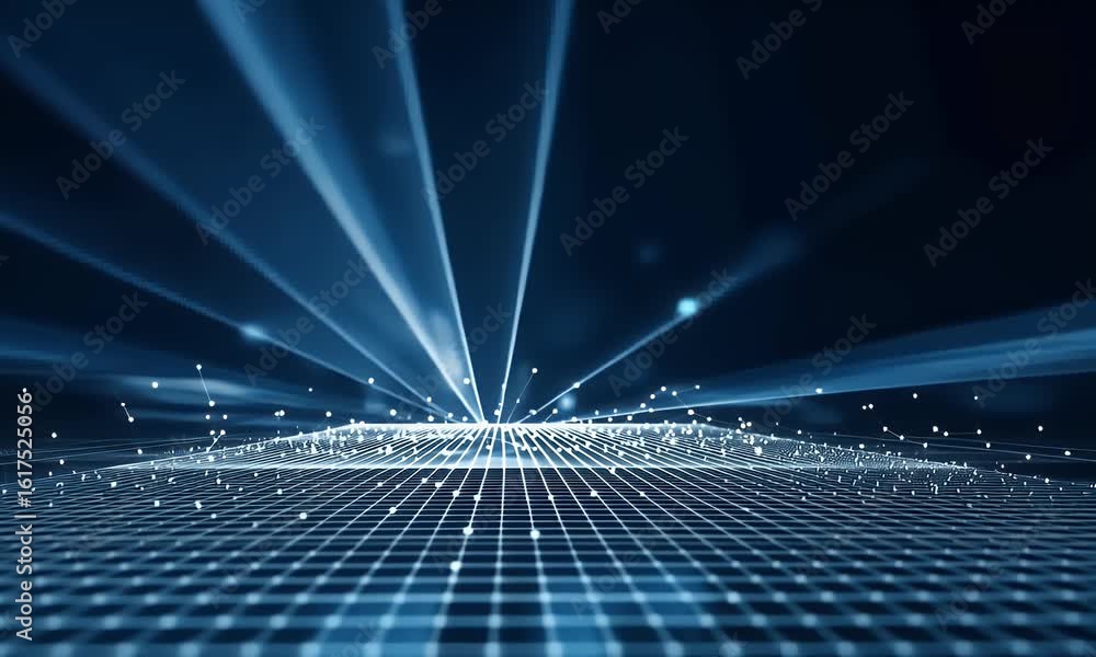 Poster abstract blue digital grid background with glowing light rays and mesh. digital technology concept f