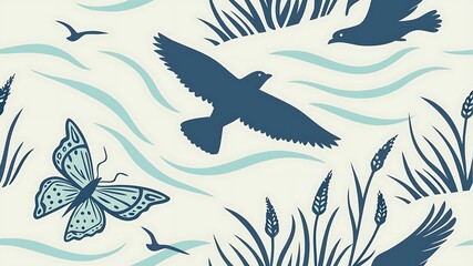 Seamless pattern with flying birds butterflies and reeds in a serene natural landscape