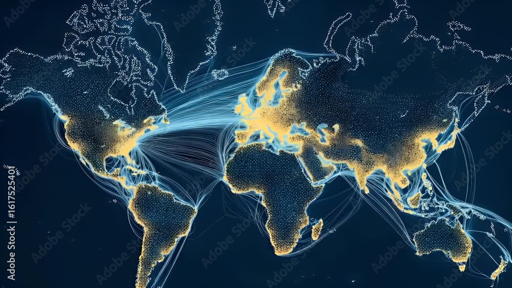 Poster a world map with colorful lines connecting different countries, representing global data transfer an