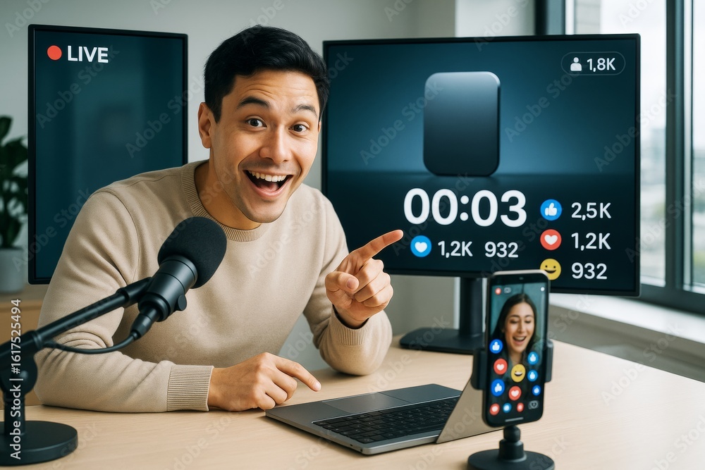 Poster excited content creator livestreaming on multiple platforms with engagement analytics on screens in 