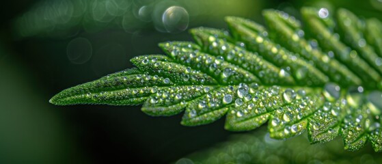 Close Up Fresh Cannabis Leaf Displaying Dew Drops in Cultivation Setting