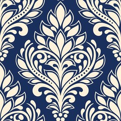 Elegant damask pattern wallpaper with intricate floral motifs in cream and deep blue