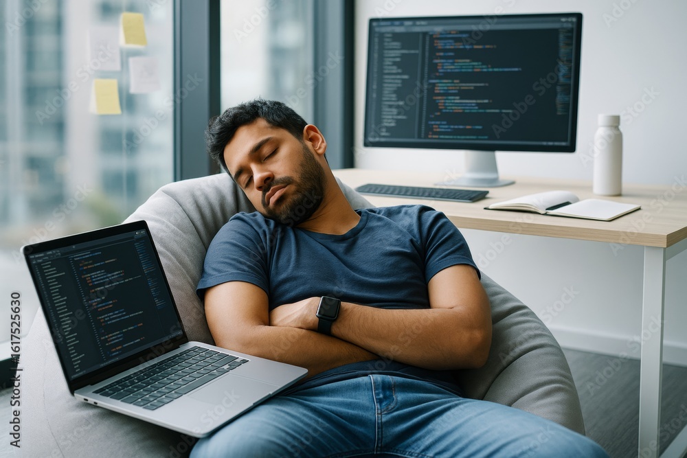 Poster tired developer sleeping in office chair with open laptop and code on screen, modern workspace backg