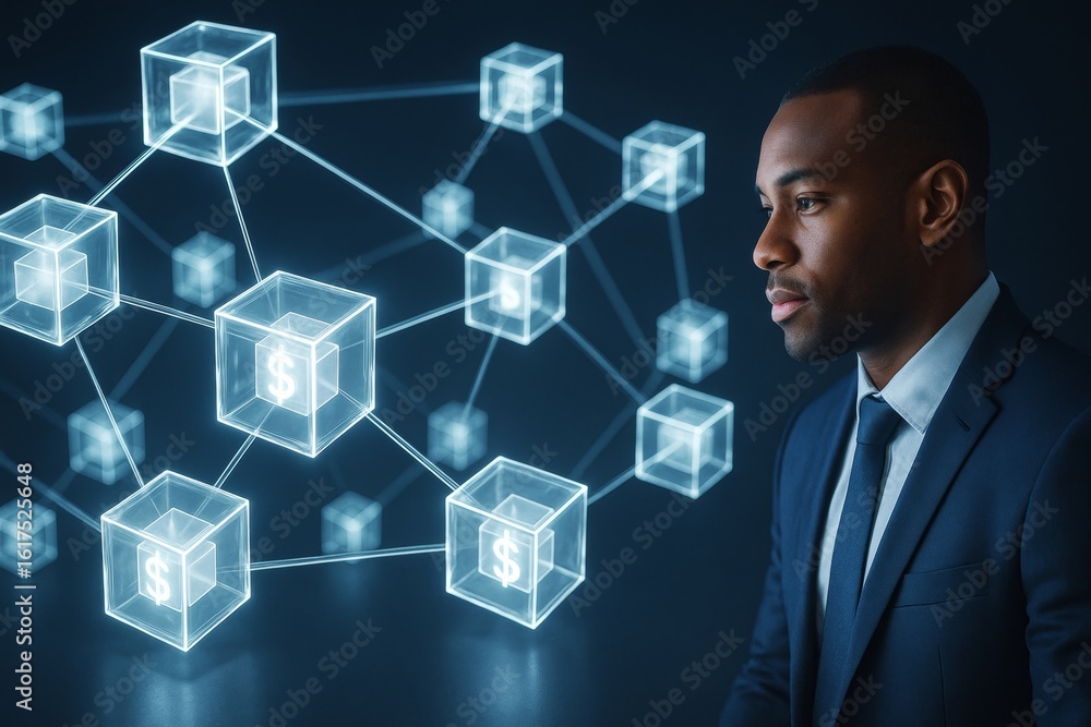 Aufkleber business professional analyzing futuristic blockchain finance network with glowing dollar cubes on d