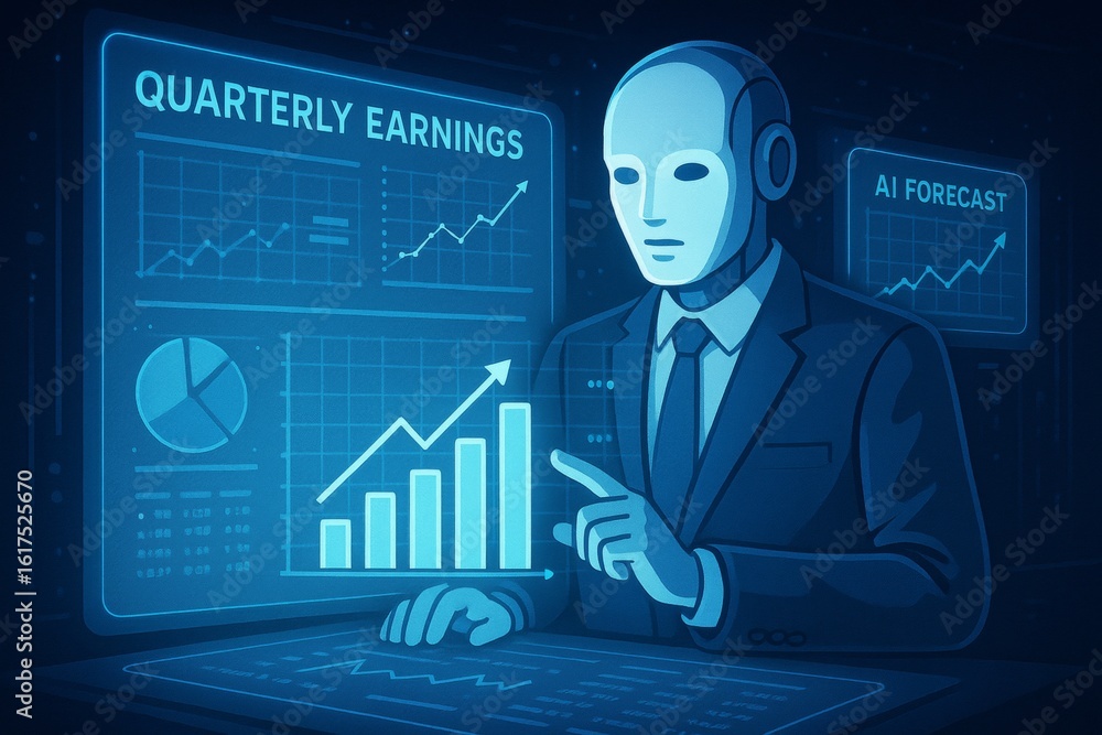 Poster futuristic ai robot analyzing financial data with quarterly earnings and forecast charts in glowing 