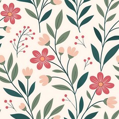 Delicate floral pattern with pink and peach blossoms and green leaves on a cream background
