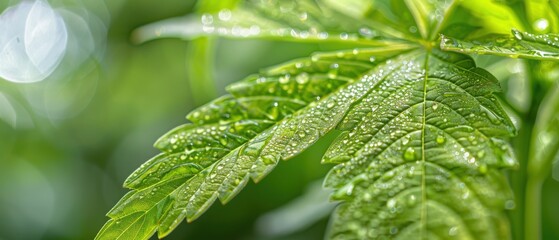 Close Up Fresh Cannabis Leaf with Dew Drops in High Tech Cultivation Room