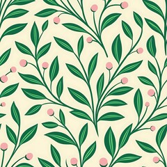Seamless pattern of delicate pink flower buds and green leaves on a light cream background