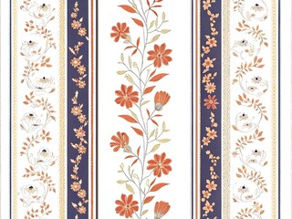 Vertical floral stripes with delicate orange flowers and green leaves on a white background