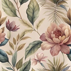 Vintage botanical floral pattern with large blooming flowers and lush green leaves on a soft beige background