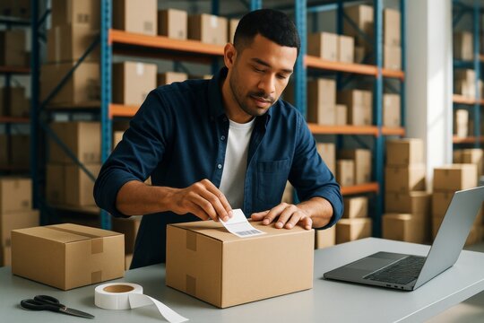 Young warehouse worker applying barcode label on parcel with laptop on desk in organized storage room with light background shelves full of boxes. Ai generative