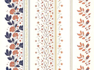 Vintage floral border pattern with delicate botanical illustrations in vertical stripes