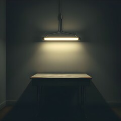 A flickering tube blinking above a metal desk.