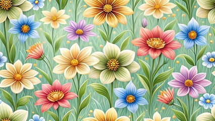 Vibrant and detailed watercolor floral pattern with a variety of colorful blooming flowers and green foliage