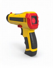 a 3D render of laser, positioned left, isolated white background