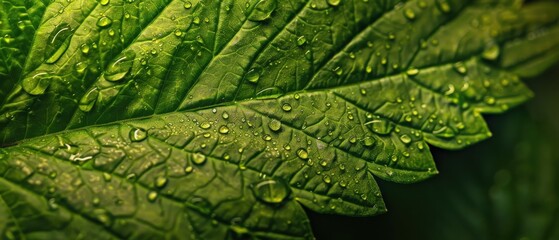 Close Up Cannabis Leaf Showing Dew Drops in Cleanroom Cultivation