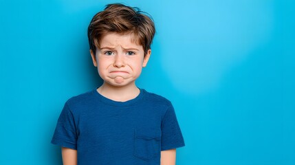 A boy with a sad expression against a bright blue background.