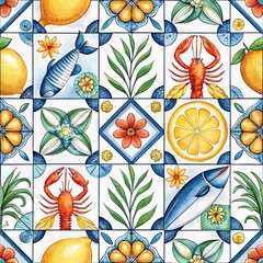 Vibrant mediterranean tile pattern featuring lemons lobsters fish and tropical leaves