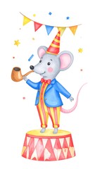 Naklejka premium Cute mouse in party attire on a circus pedestal