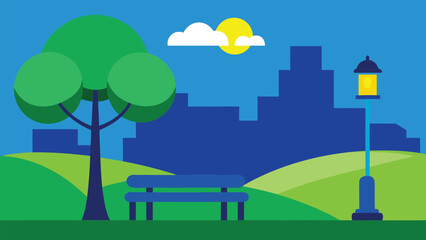 Peaceful park scene with city skyline and glowing lamppost at dusk