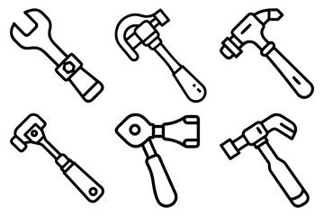 Illustration of six different outline style tools including wrenches and hammers