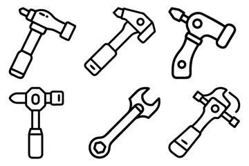 Illustration of six different outline style tools including hammers and wrench