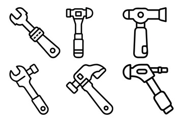 Illustration of various types of wrenches and hammers in a outlined style art