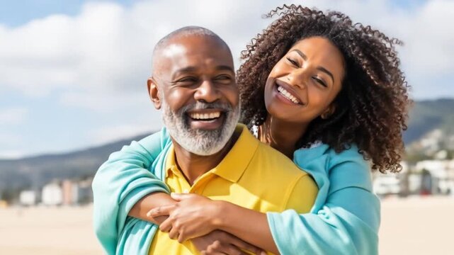 Joyful African American Couple Embracing Outdoors on a Sunny Day, Sharing Laughter and Affection