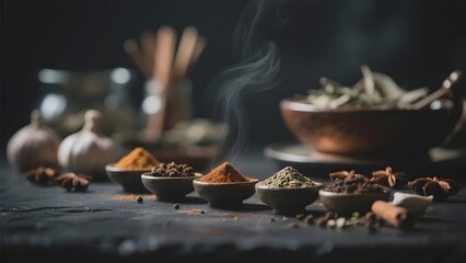 Aromatic Spices and Herbs in Bowls with Steam Rising, Set on a Dark Background
