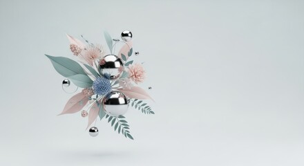 Pastel floral arrangement with chrome orbs